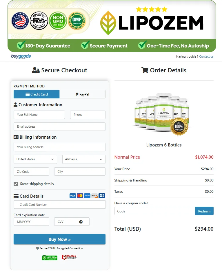 lipozem Checkout Page